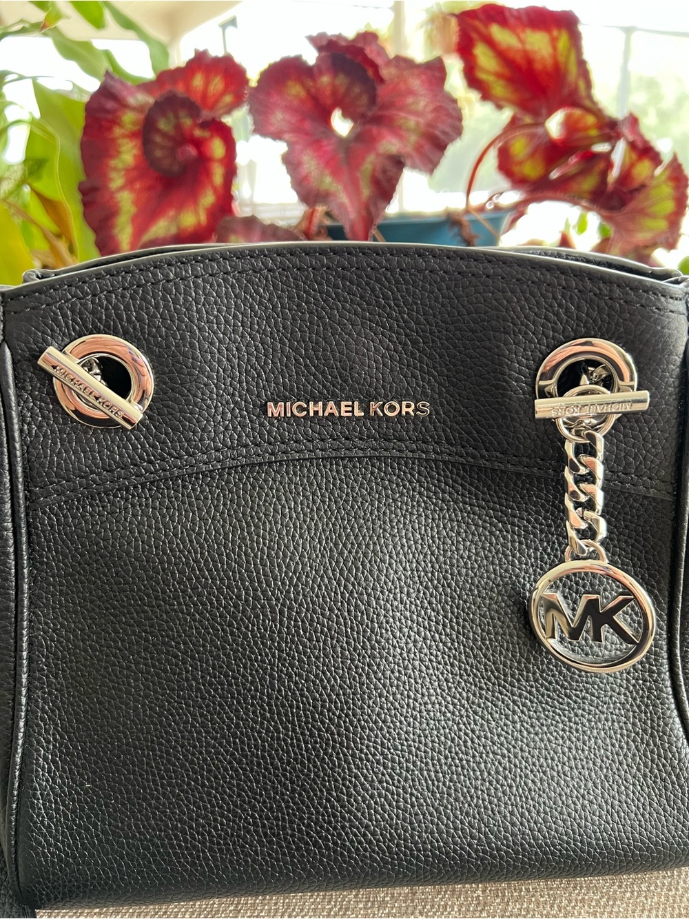 Michael Kors Black Pebbled Leather Shoulder Bag with MK Charm